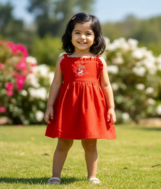 Red Poplin Embroidery Christmas Frock For Baby Girl [Ready to ship: 5571]
