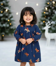 Blue Printed Cotton Christmas Frock For Baby Girl [5575]