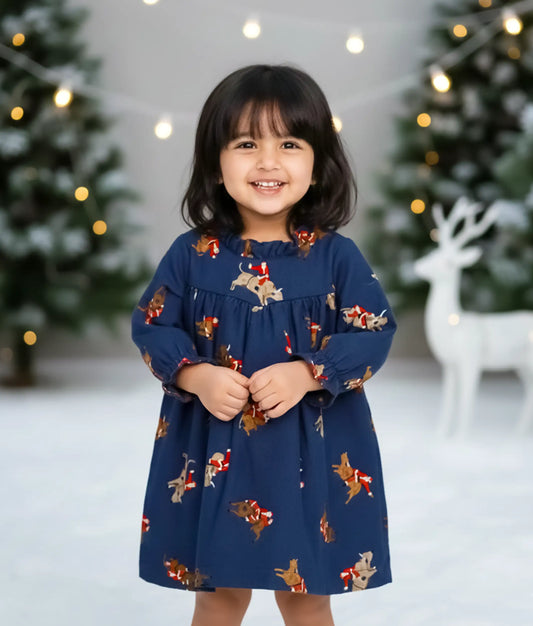Blue Printed Cotton Christmas Frock For Baby Girl [Ready to ship: 5575]
