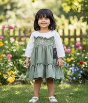 Olive Green Linen Flower Embroidery Christmas Frock for Baby Girl [ 5577]