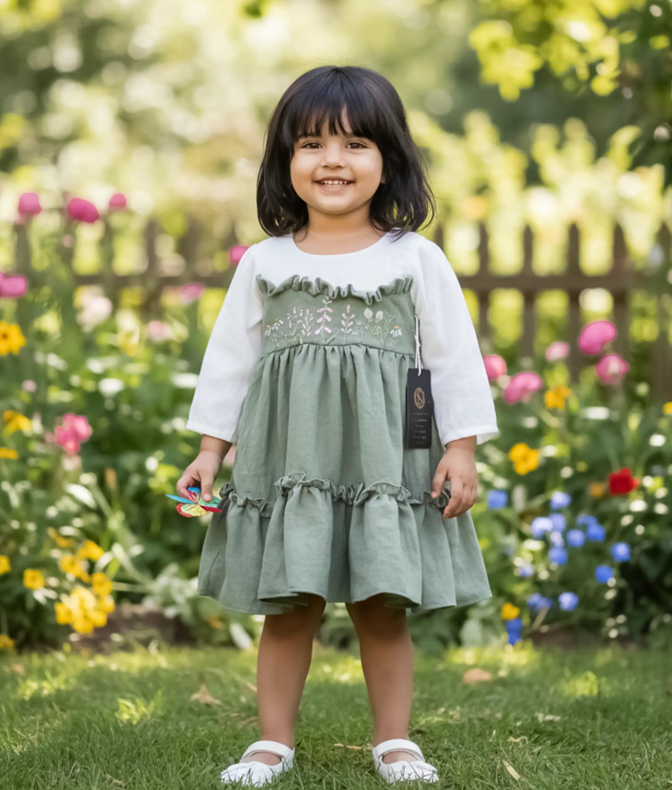 Olive Green Linen Flower Embroidery Christmas Frock for Baby Girl [ 5577]