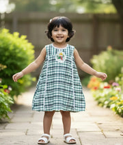 Green Checkered Cotton A-Line Christmas Frock For Baby Girl [5578]