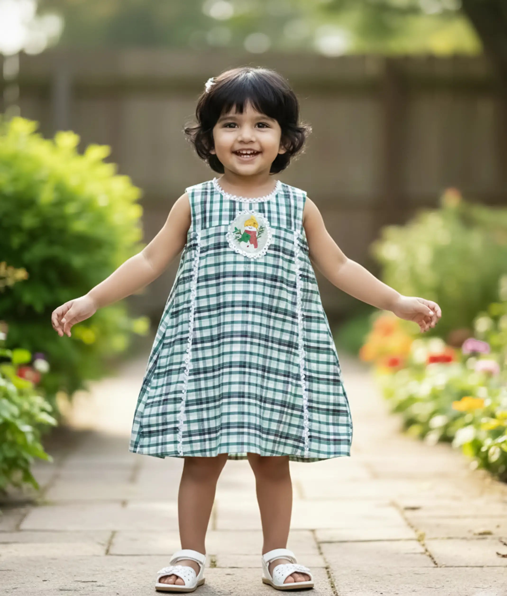Green Checkered Cotton A-Line Christmas Frock For Baby Girl [5578]