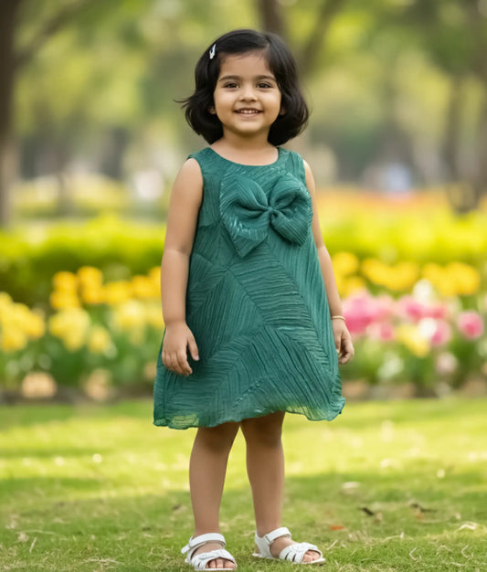 Bottle Green Tuck Organza A-line Christmas Frock For Baby Girl [Ready to ship:5581]