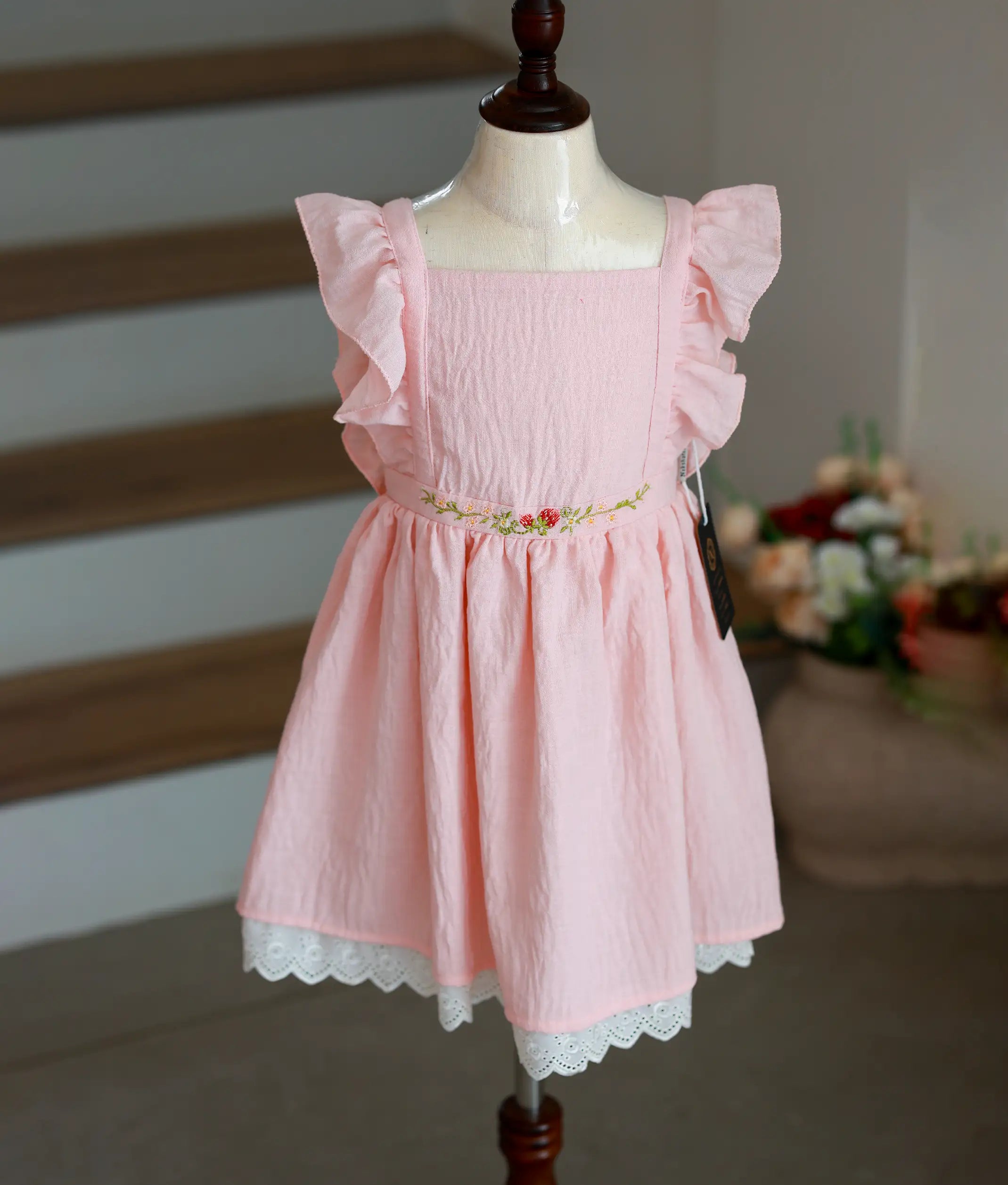 Pastel Pink Embroidered Linen Frock for Baby Girl [5583]
