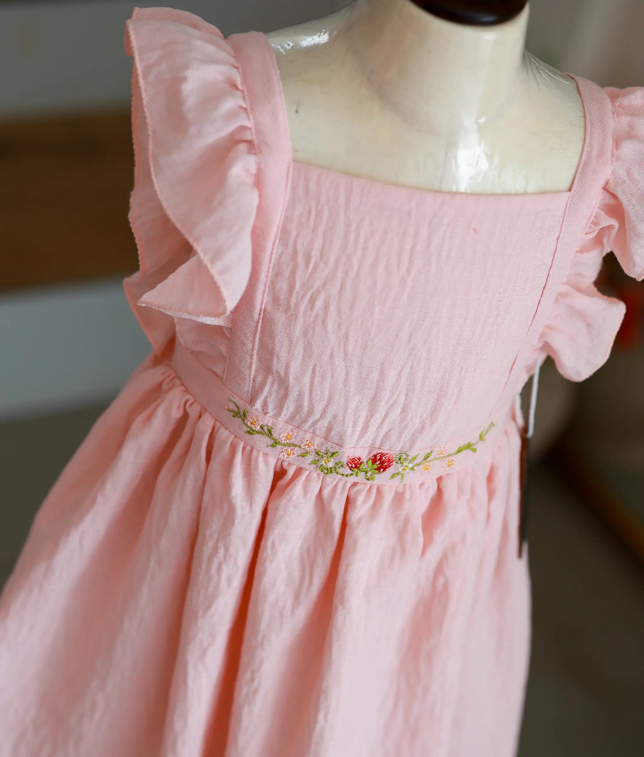 Pastel Pink Embroidered Linen Frock for Baby Girl [5583]