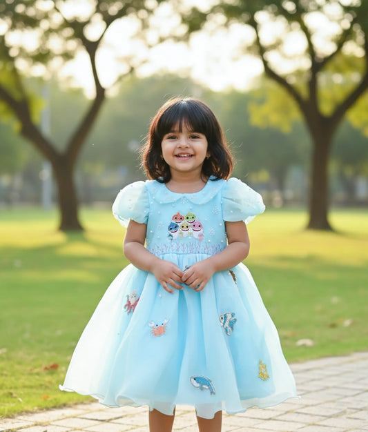 Sky Blue Plain Organza Handworked Baby Shark Theme Birthday Dress For Baby Girl [Pre Order: 5586]