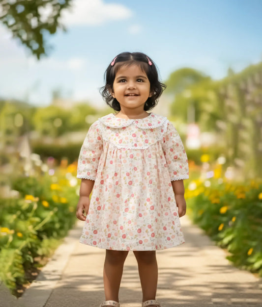 Off-White Floral Printed Cotton Christmas Frock For Baby Girl [Ready To Ship: 5588]