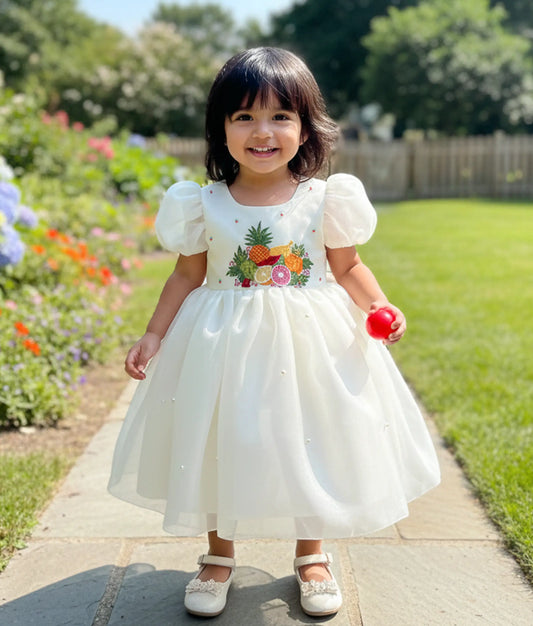 Off-White Plain Organza Tropical Fruits Theme Dress For Baby Girl [Pre Order: 5596]