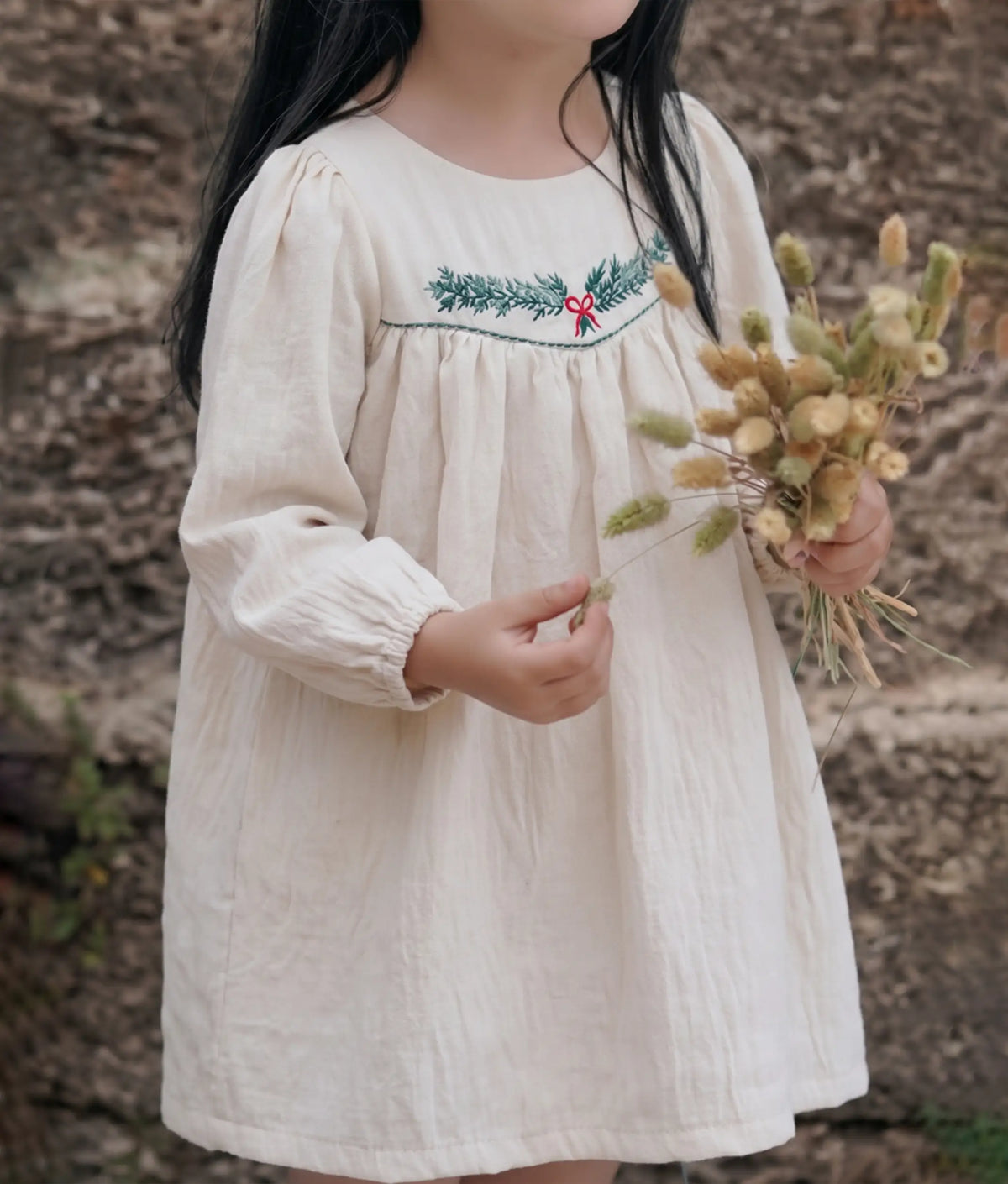 Beige Linen Embroidered Frock for Baby Girl [5610]
