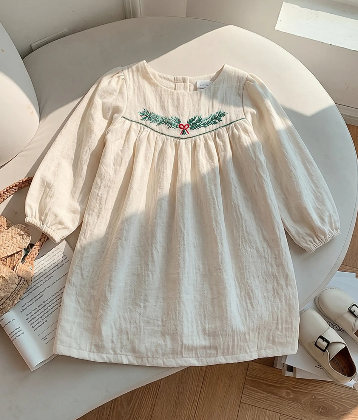 Beige Linen Embroidered Frock for Baby Girl [5610]