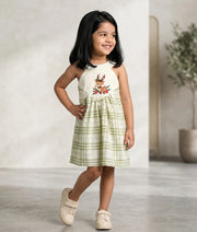 Green And Off-White Check Cotton Embroidered Christmas Frock for Baby Girl [5628]
