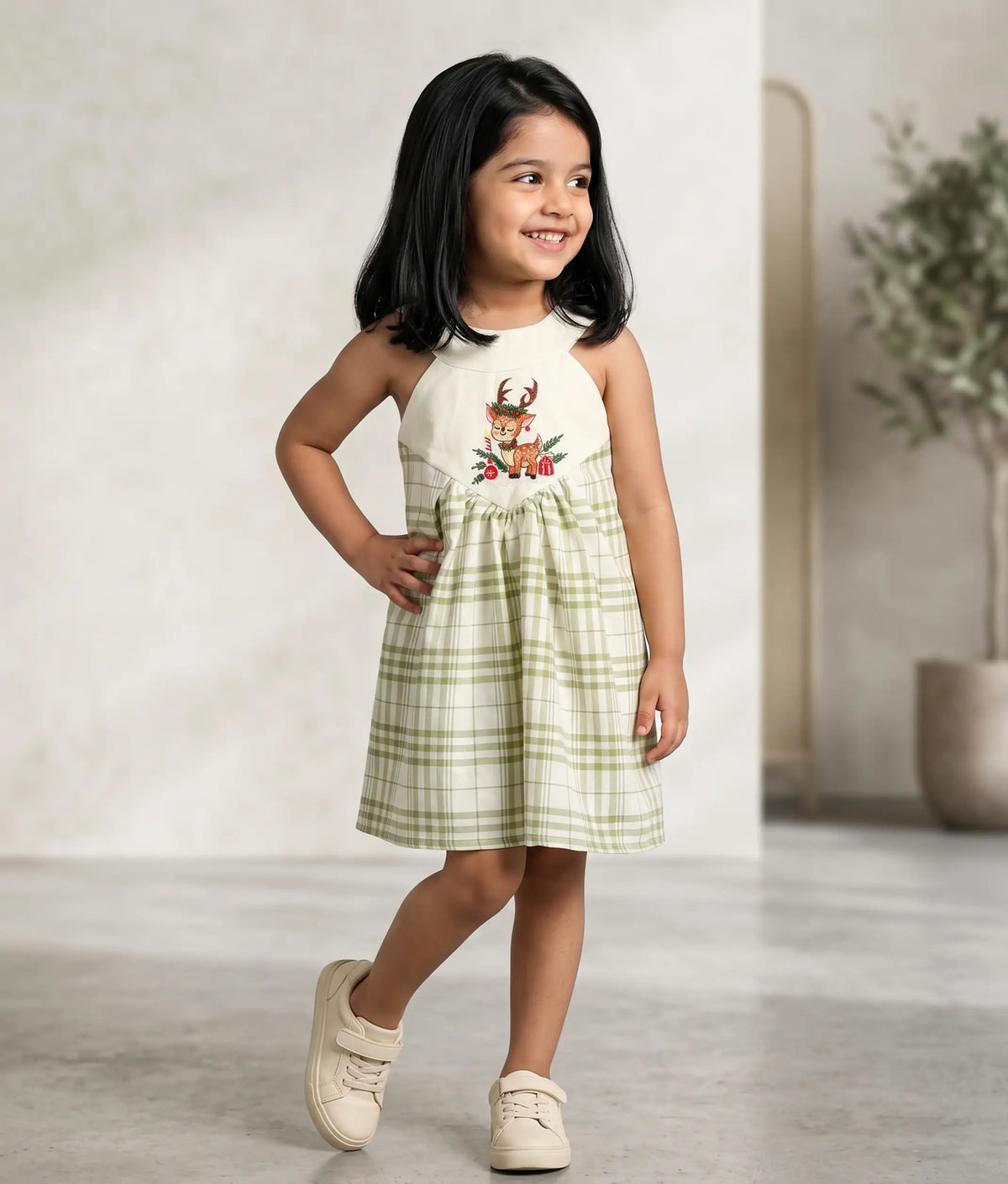 Green And Off-White Check Cotton Embroidered Christmas Frock for Baby Girl [5628]