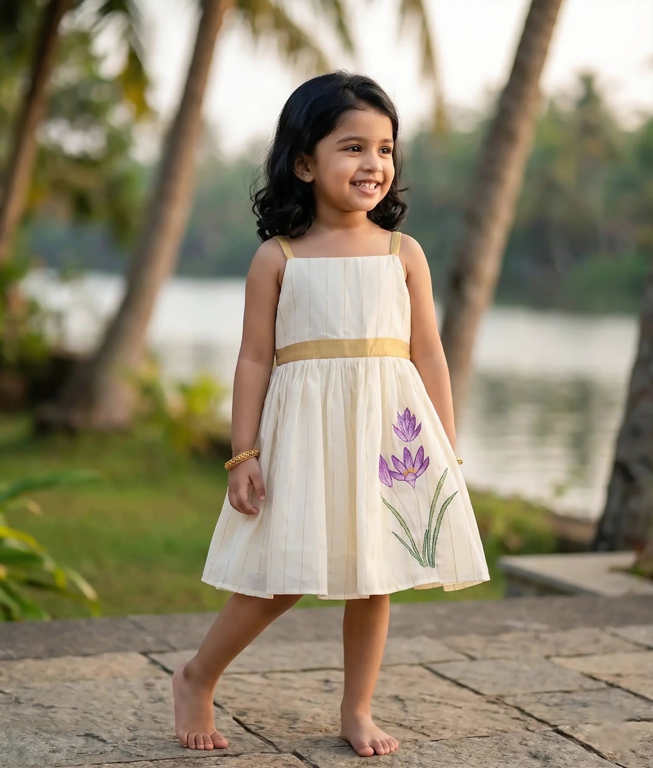 Off White Kasavu Embroidered Cotton Frock For Baby Girl [Ready To Ship: 6065]