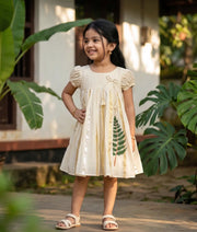 Off-White Leaf Embroidery Cotton Frock For Baby Girls [Ready To Ship: 6106]