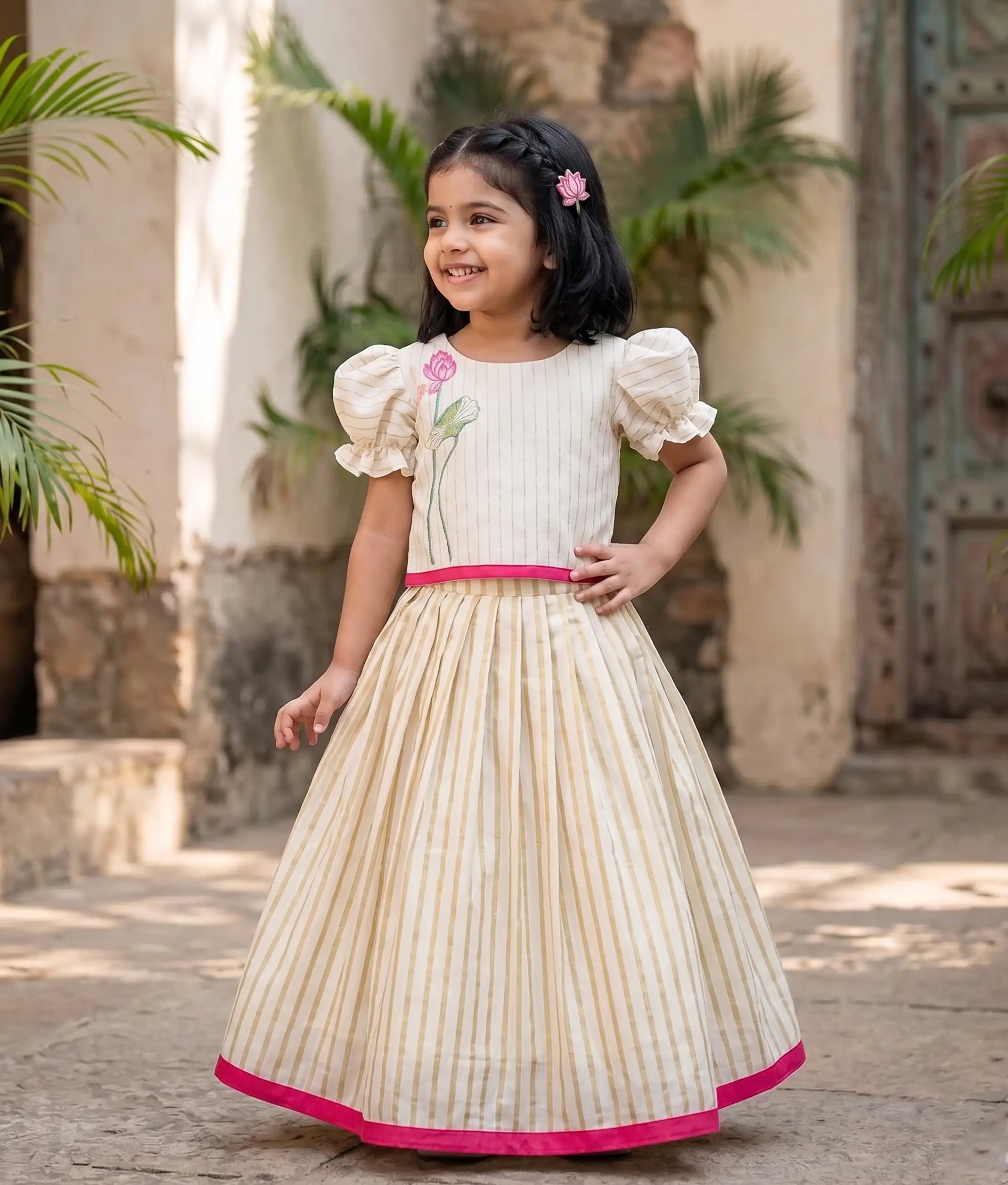 Off-White Cotton Embroidered Kasavu Skirt and Top for Baby Girl [6114]