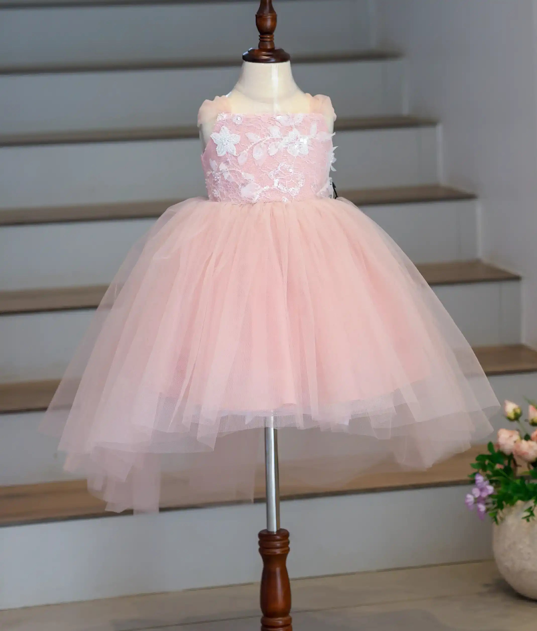 Pastel Pink Floral Work Material High-Low Birthday Frock For Baby Girl [6156]
