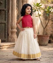 Pink Silk Top with Kasavu Skirt for Baby Girl [6169]