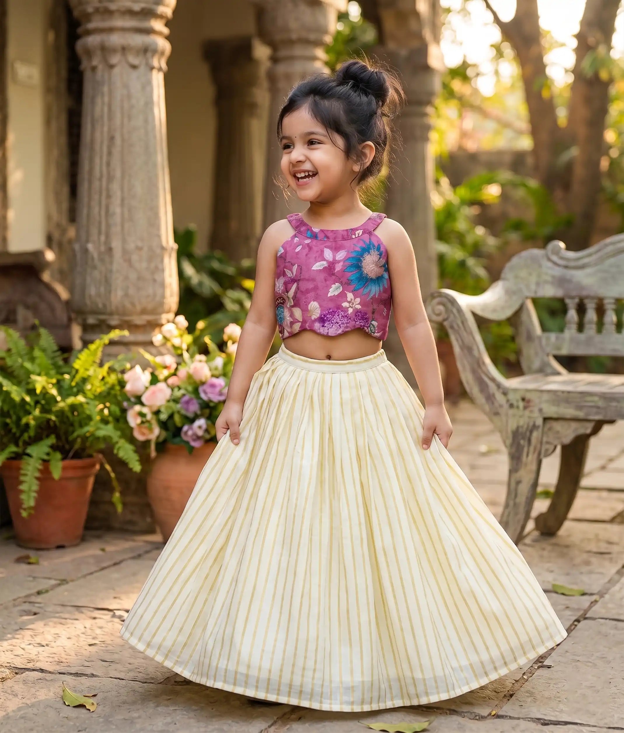 Onion Pink Silk Top With Kasavu Skirt For Baby Girl [Ready To Ship: 6176]