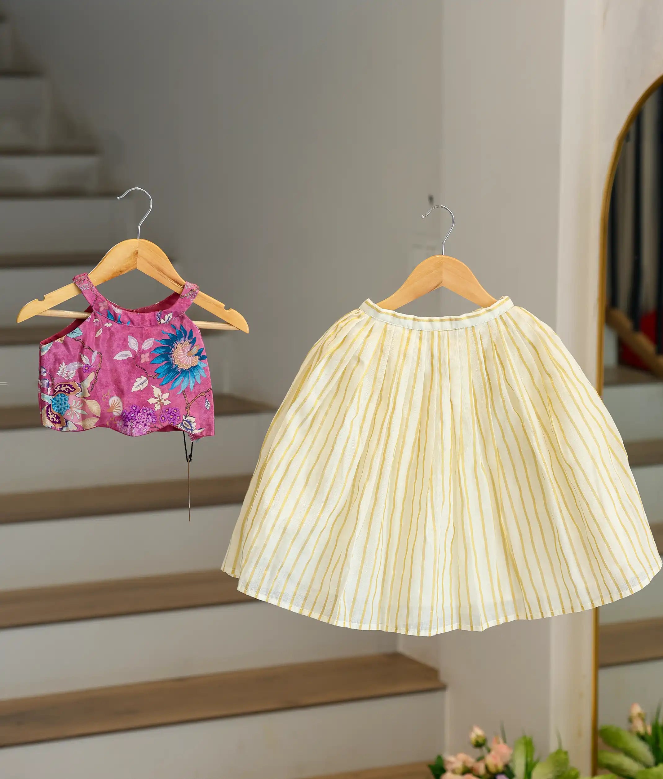 Onion Pink Silk Top With Kasavu Skirt For Baby Girl [Ready To Ship: 6176]