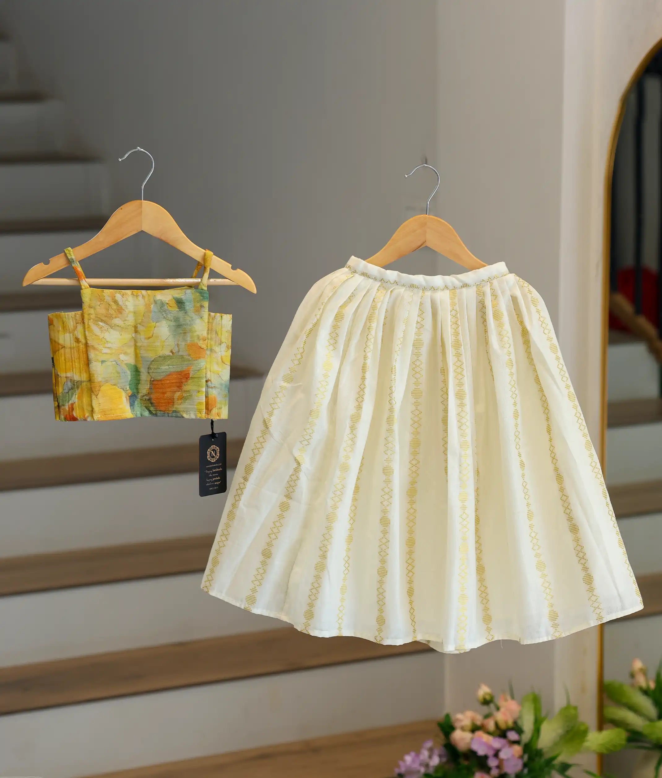 Yellow Silk Top With Kasavu Skirt For Baby Girl [Ready To Ship: 6180]