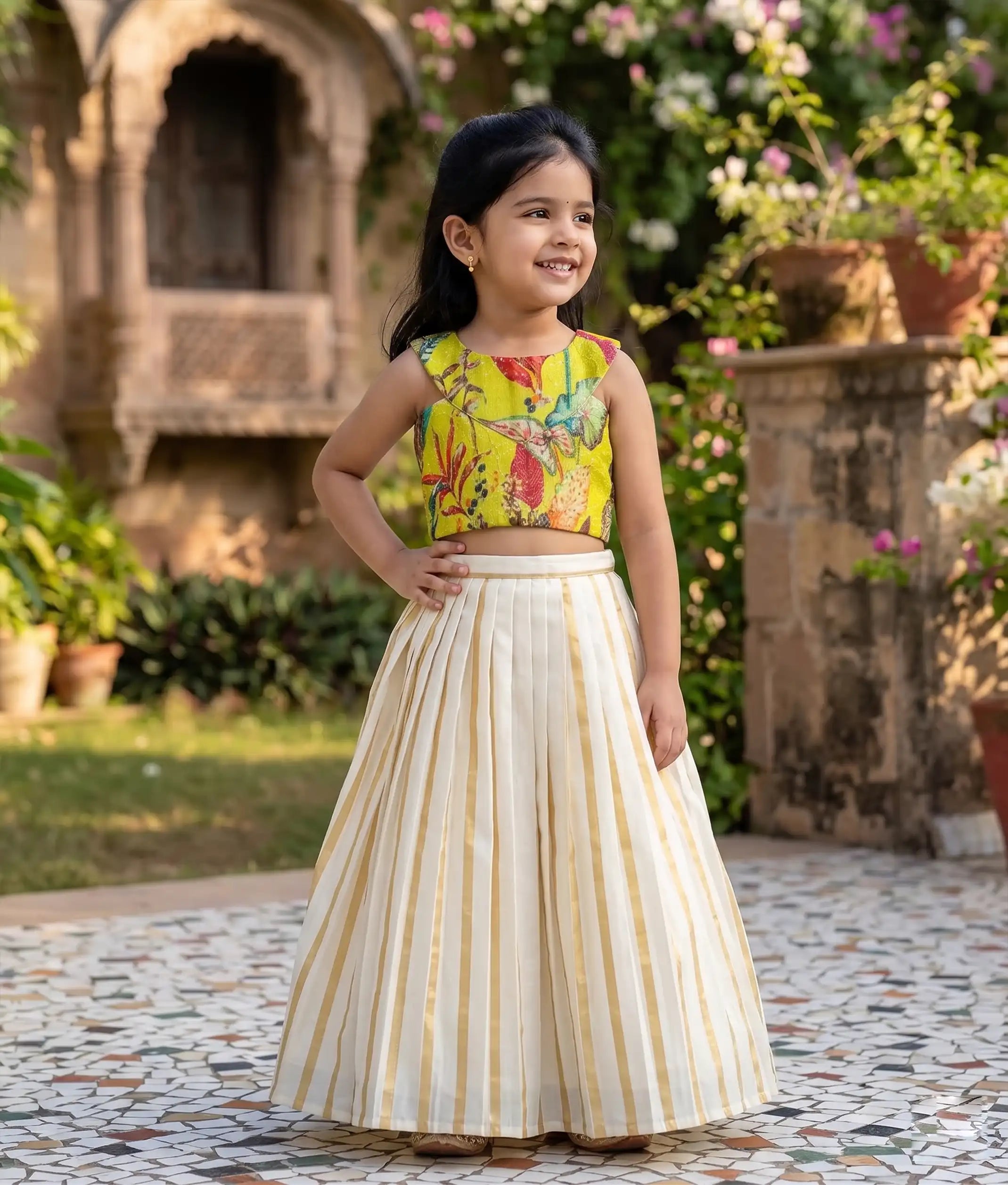 Lemon Green Silk Top with Kasavu Skirt for Baby Girl [6189]