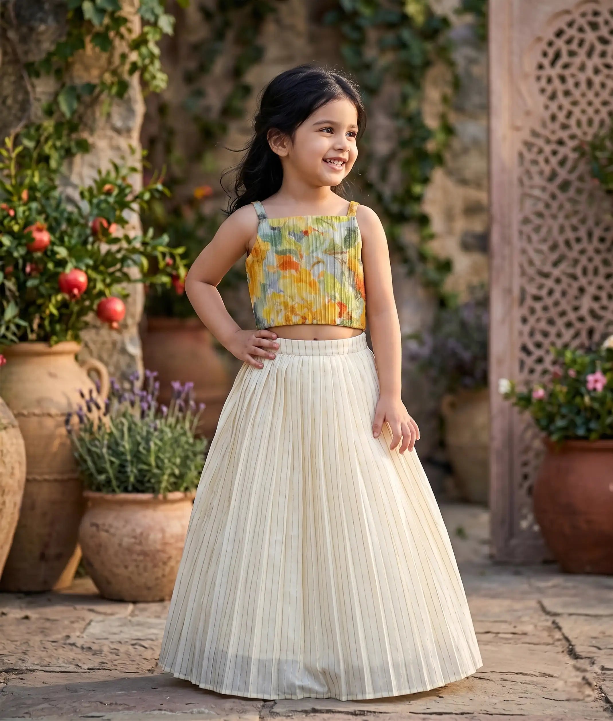 Yellow Crush Georgette Top with Striped Skirt for Baby Girl [6193]