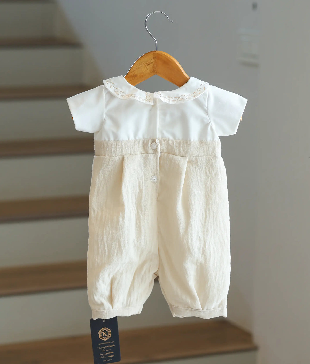 Off White and Beige Linen Baptism Romper for Baby Boy [BB110]