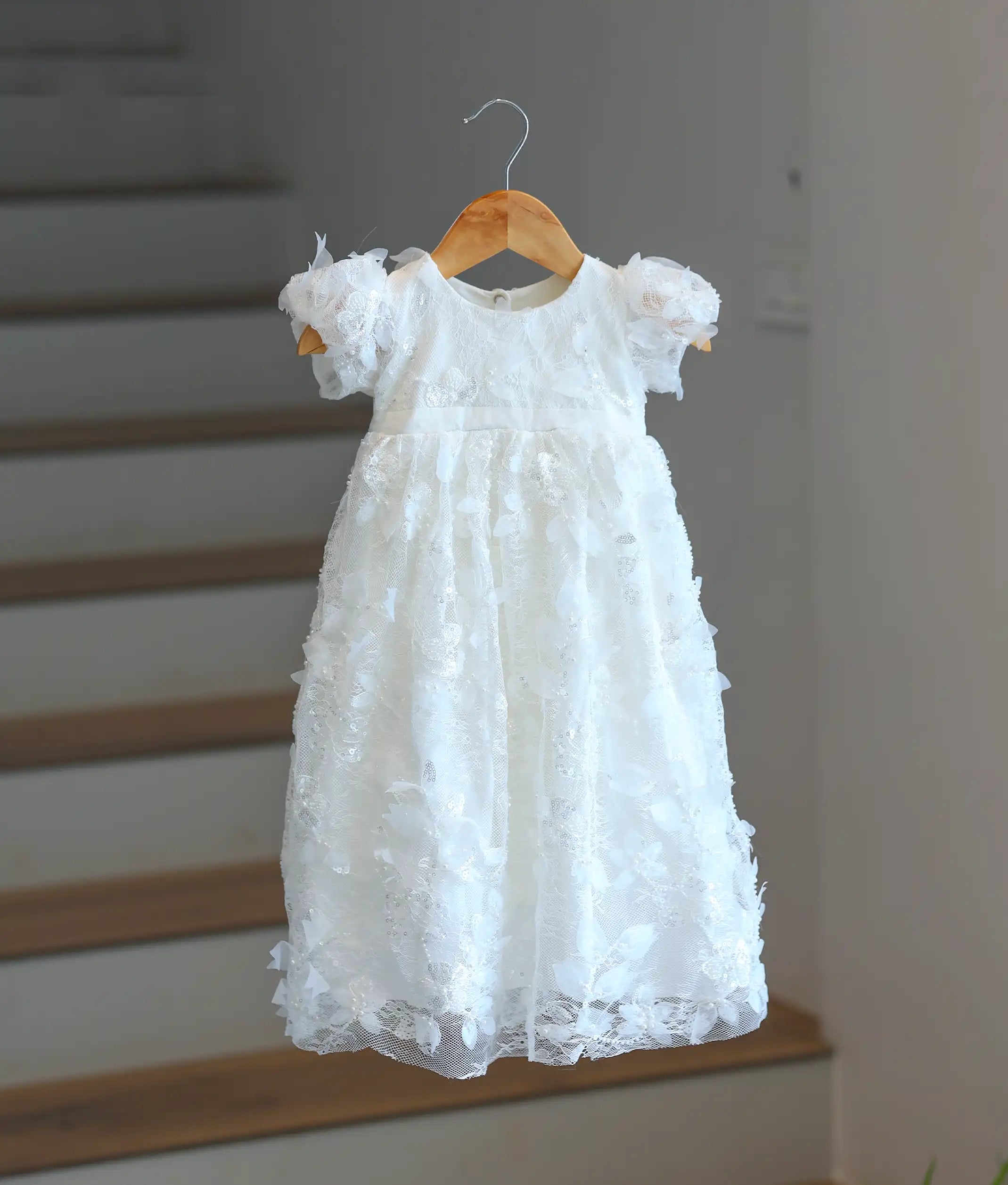 Off-White Embroidery Work Material Baptism Gown For Baby Girl [6230]