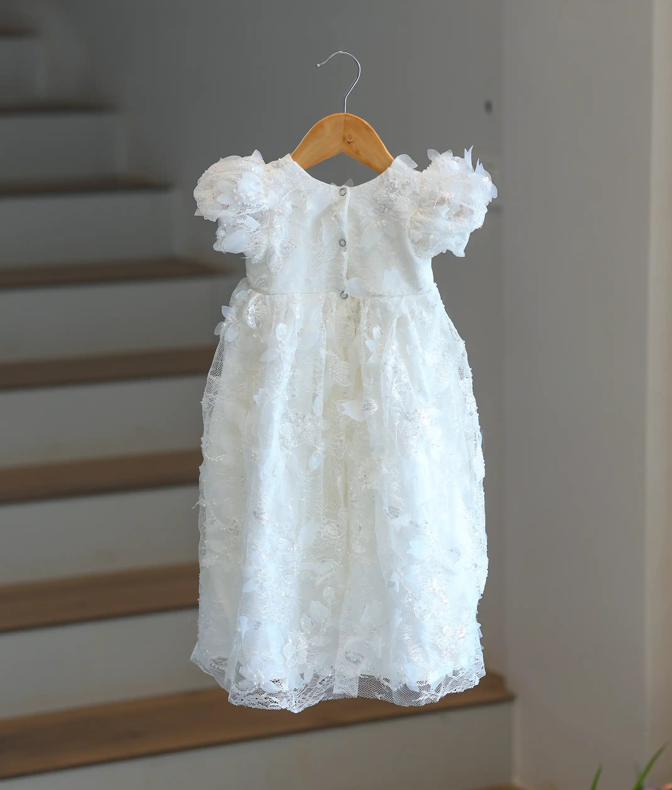 Off-White Embroidery Work Material Baptism Gown For Baby Girl [6230]
