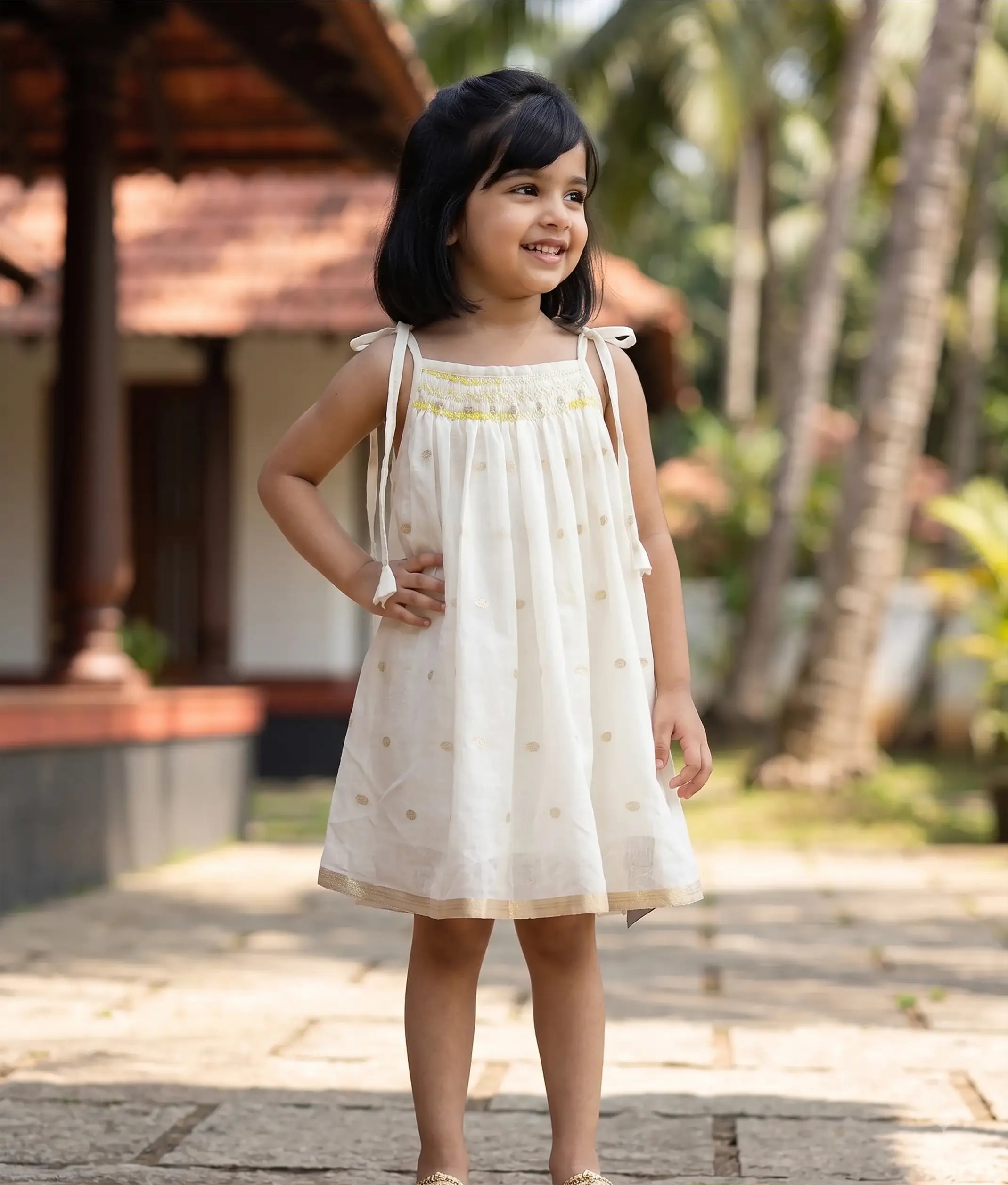 Off-white Golden Motifs Cotton Frock for Baby Girls [6239]