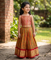 Multicolor Checked Kanchipuram Silk Skirt and Top for Baby Girl [6279]