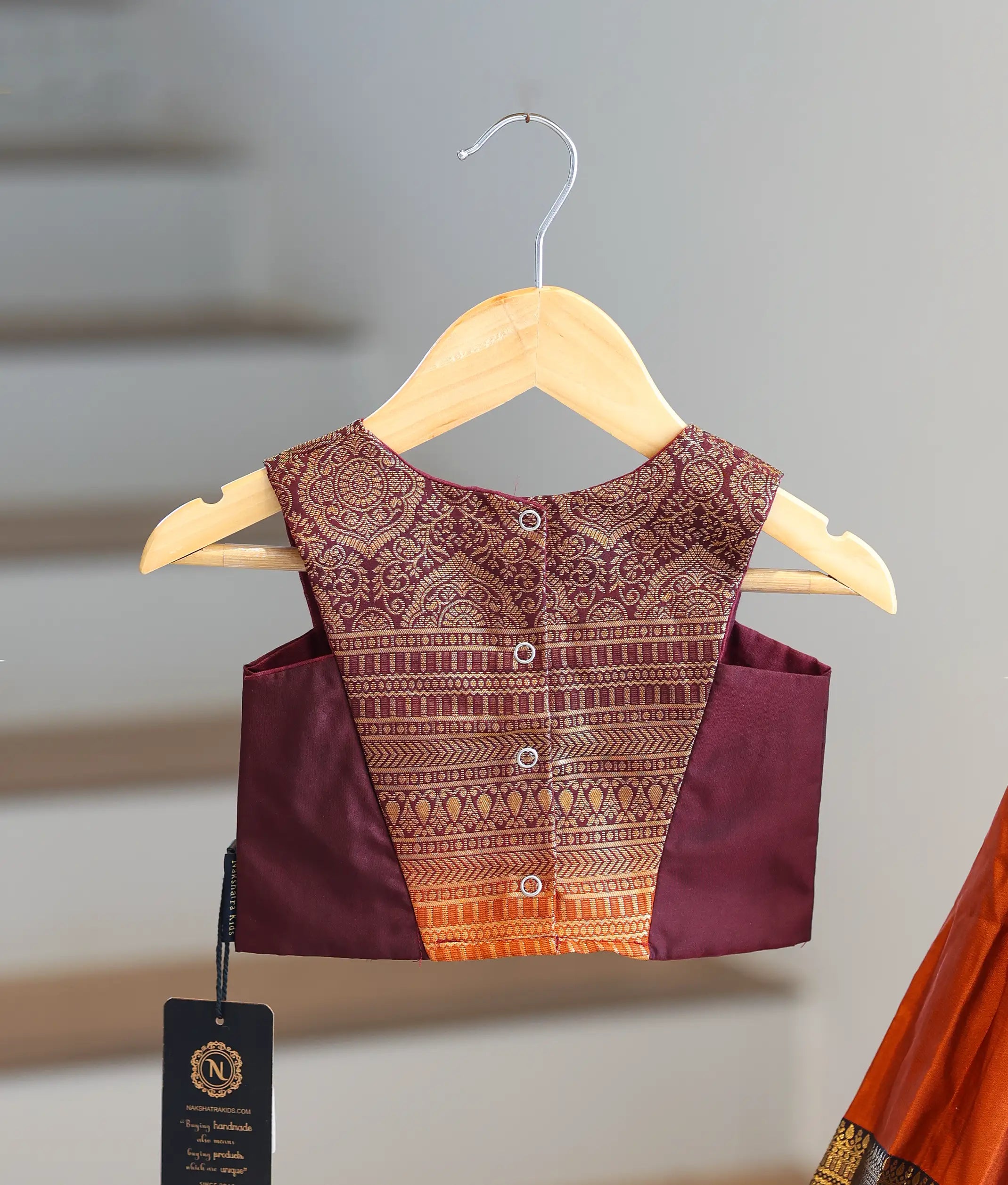 Orange and Maroon Kanchipuram Silk Skirt and Top for Baby Girl [6295]