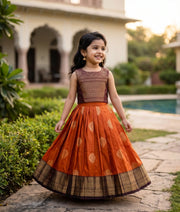 Orange and Maroon Kanchipuram Silk Skirt and Top for Baby Girl [6295]