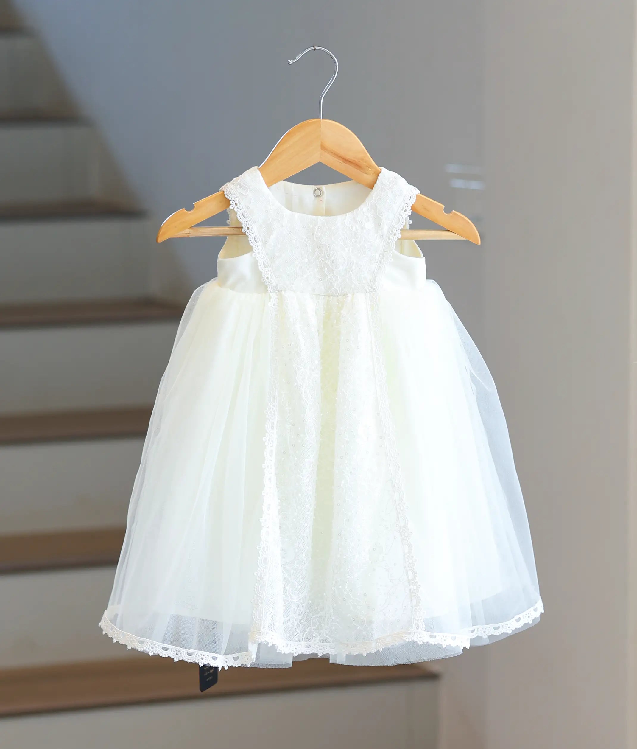 Off-white Tulle Net Embroidery Overlay Baptism Gown for Baby Girl [6311]