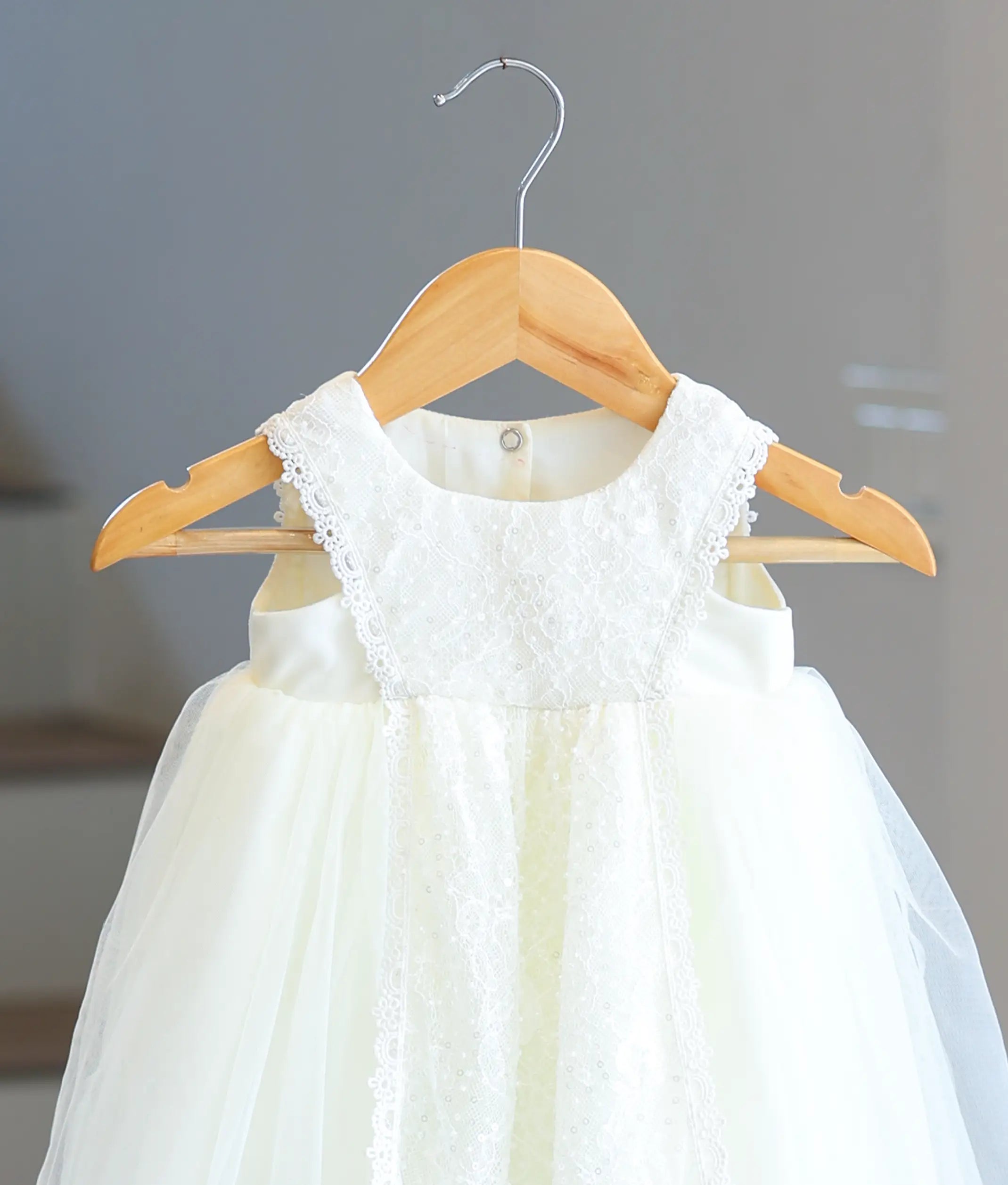 Off-white Tulle Net Embroidery Overlay Baptism Gown for Baby Girl [6311]