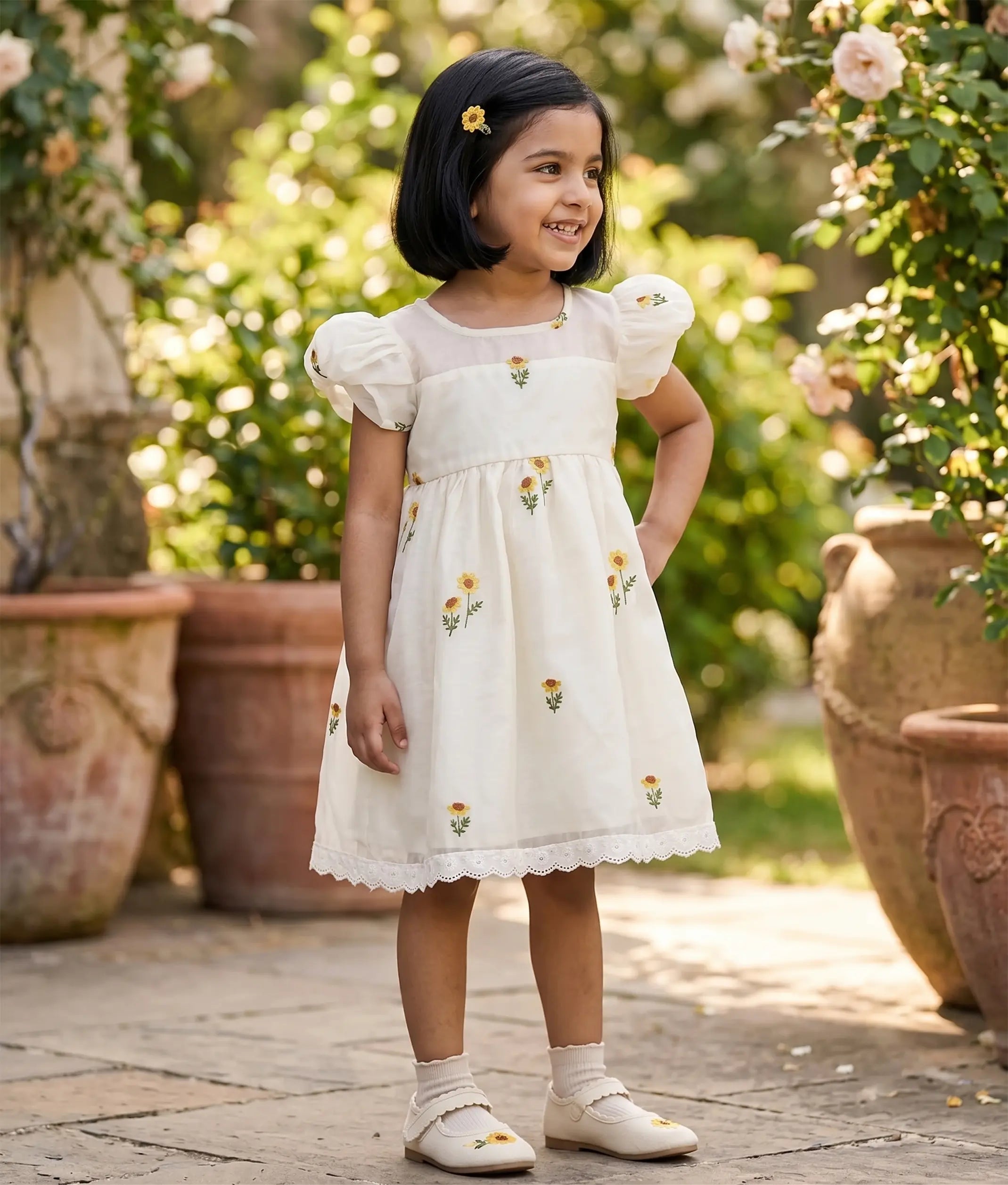 Off-White Mul Chanderi Embroidered Frock for Baby Girl [6331]