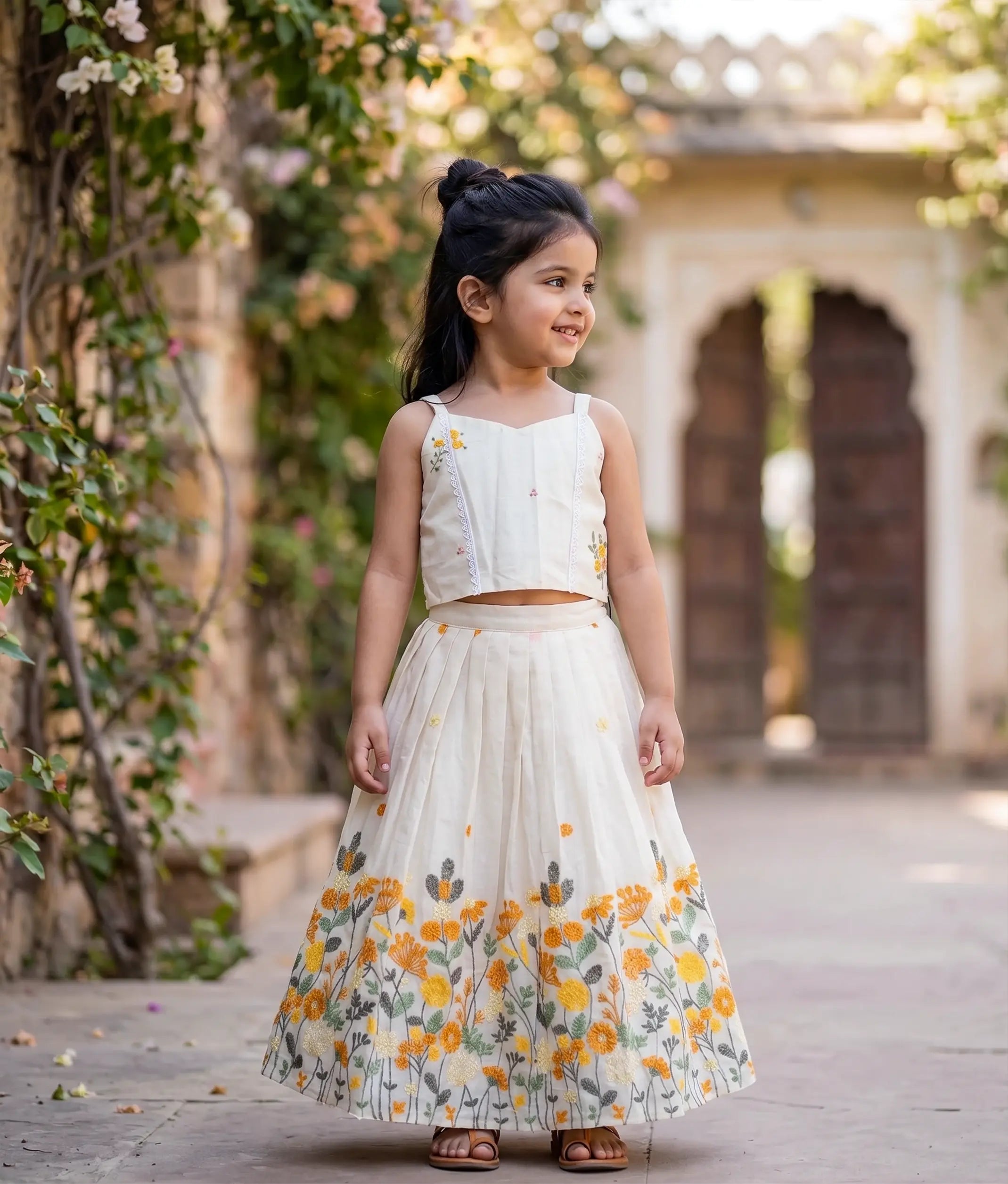 Off-White Cotton Floral Embroidered Skirt and Top for Baby Girl [6340]