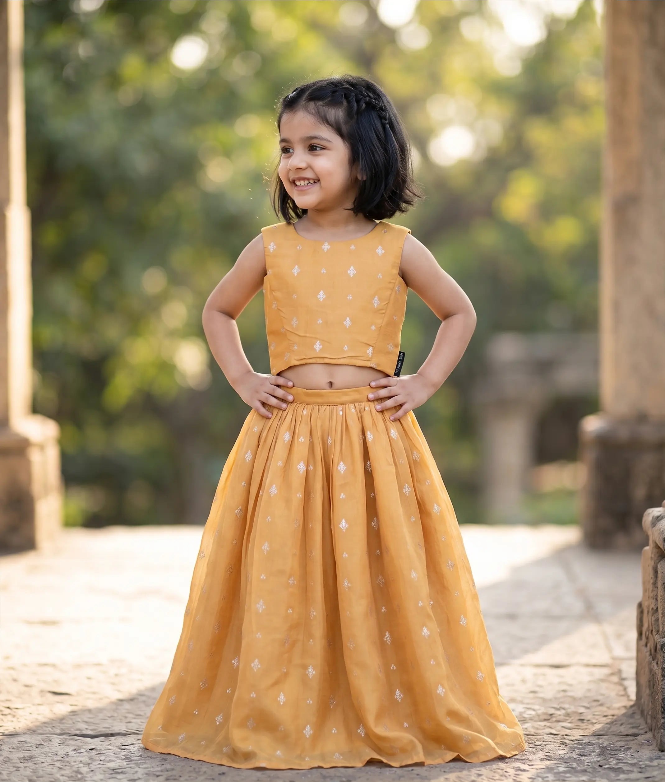 Mustard Yellow Georgette Golden Buttis Skirt and Top for Baby Girl [6345]