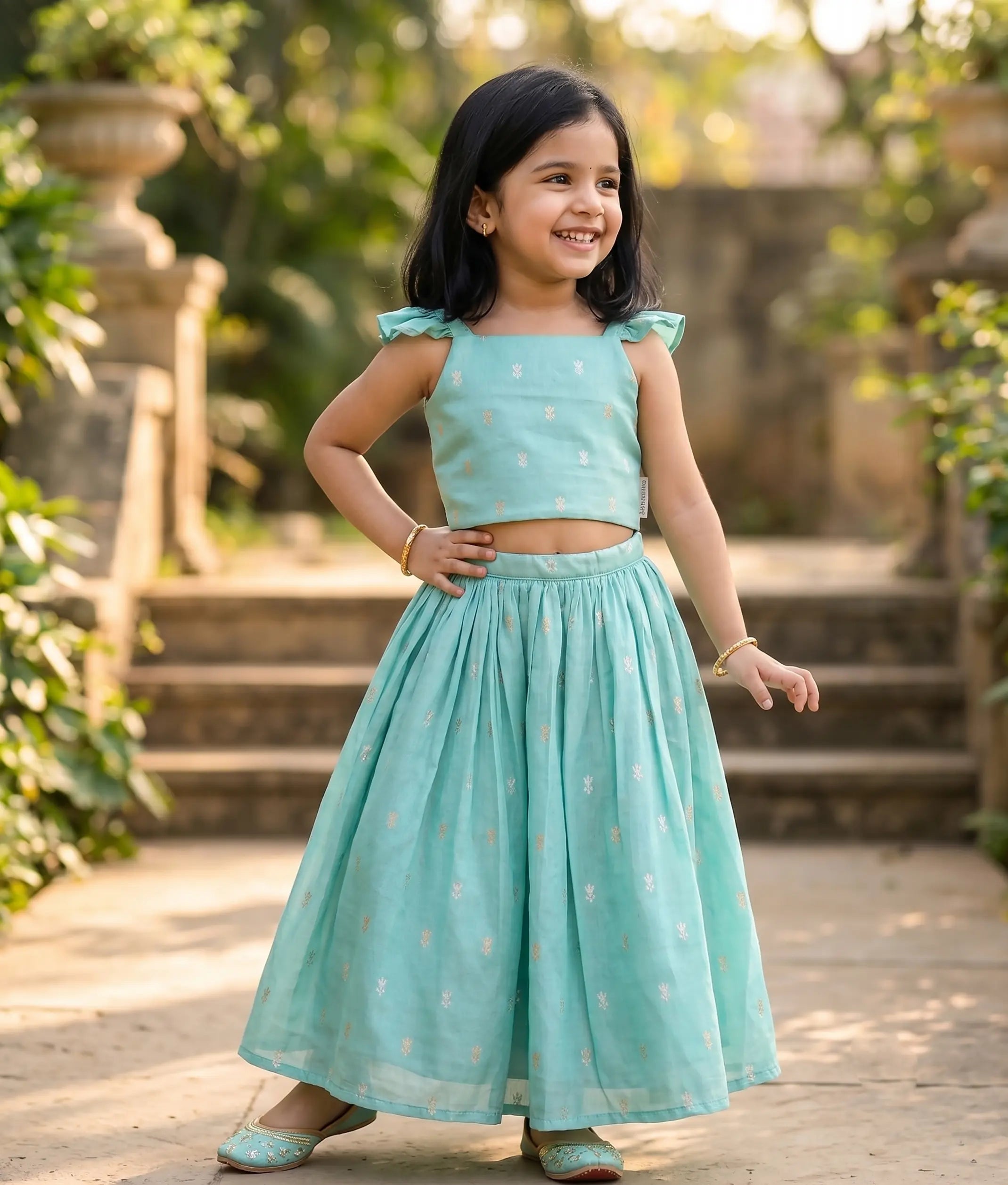 Mint Blue Georgette Shimmering Buttis Skirt and Top for Baby Girl [6347]