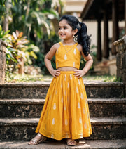 Yellow Georgette Golden Leaf Motifs Skirt and Top for Baby Girl [6356]