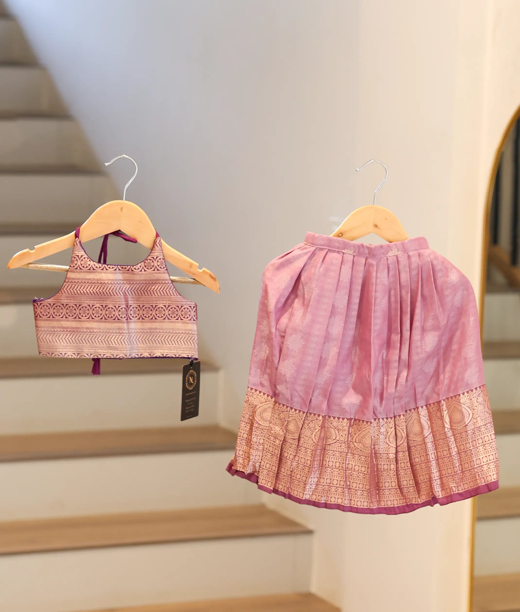 Lilac Pink And Purple Kanchipuram Silk Skirt And Top for Baby Girl [6436A]