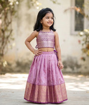Lilac Pink And Purple Kanchipuram Silk Skirt And Top for Baby Girl [6436A]