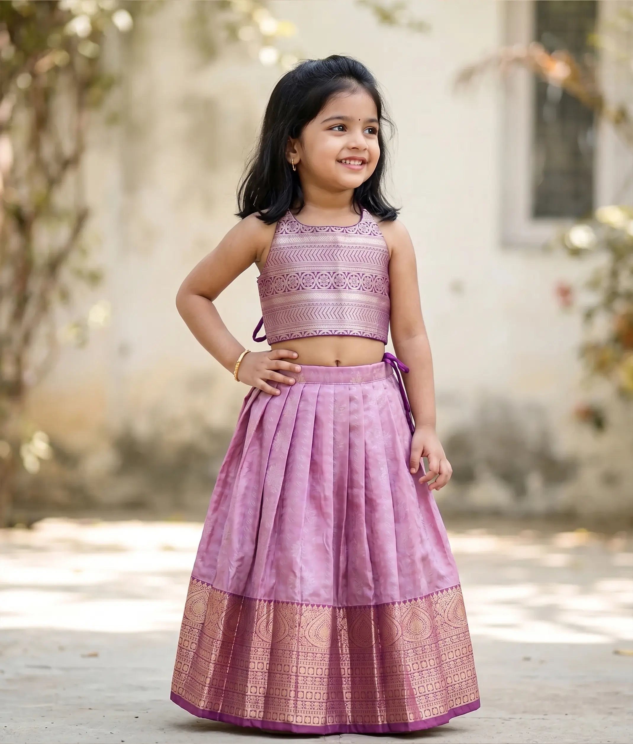 Lilac Pink And Purple Kanchipuram Silk Skirt And Top for Baby Girl [6436A]