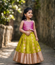 Pink and Olive Green Kanchipuram Silk Skirt and Top for Baby Girl [6439]