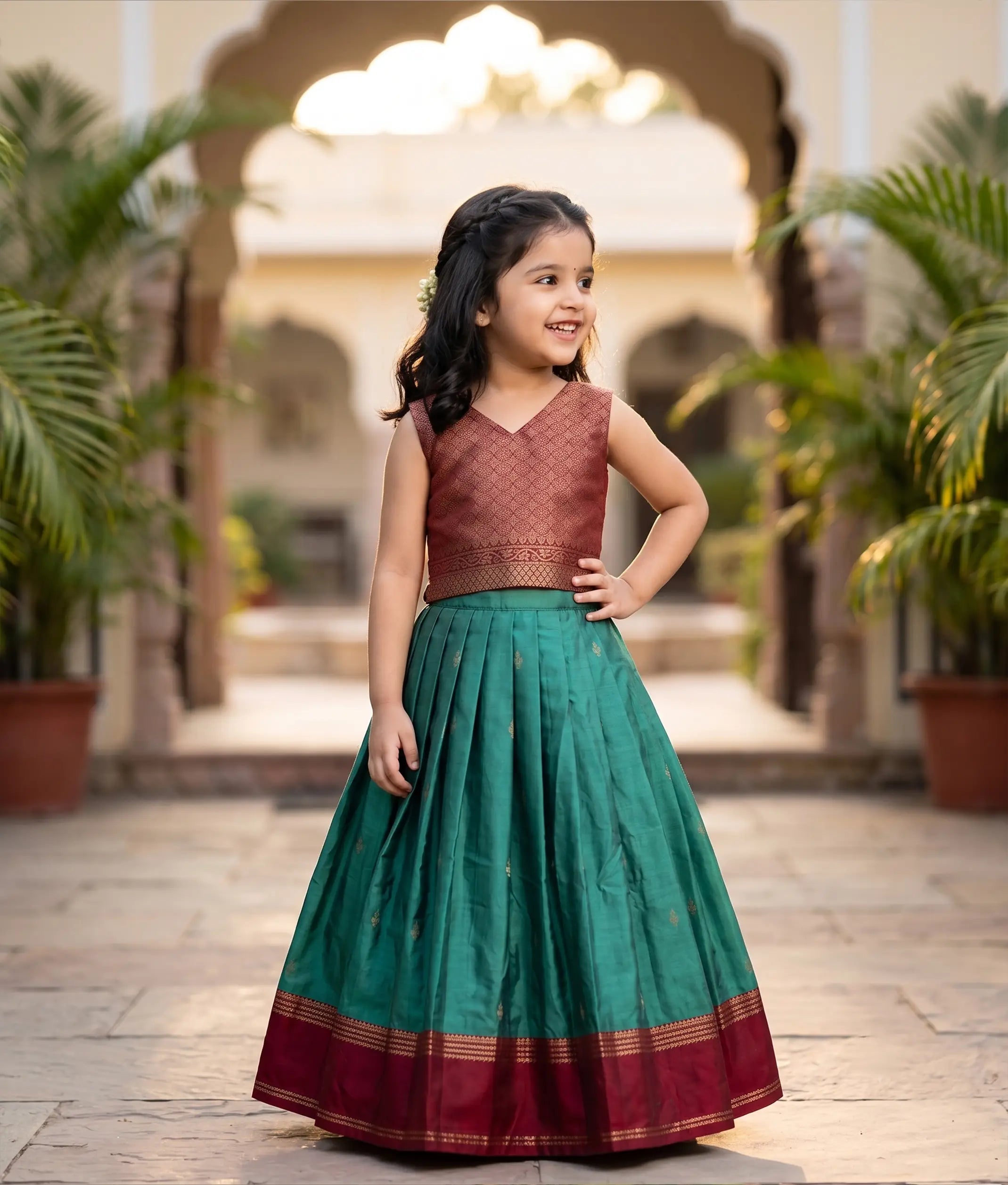 Teal Green and Maroon Kanchipuram Silk Skirt and Top for Baby Girl [6499]