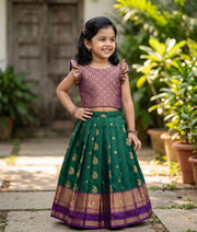 Emerald Green and Violet Kanchipuram Silk Skirt and Top for Baby Girl [6500]