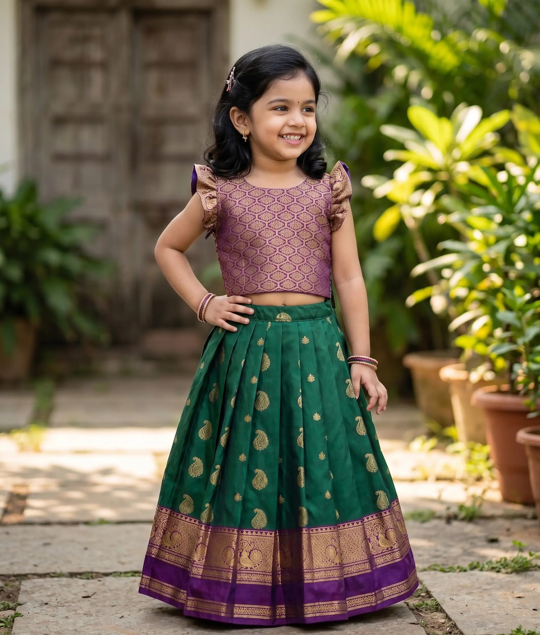 Emerald Green and Violet Kanchipuram Silk Skirt and Top for Baby Girl [6500]