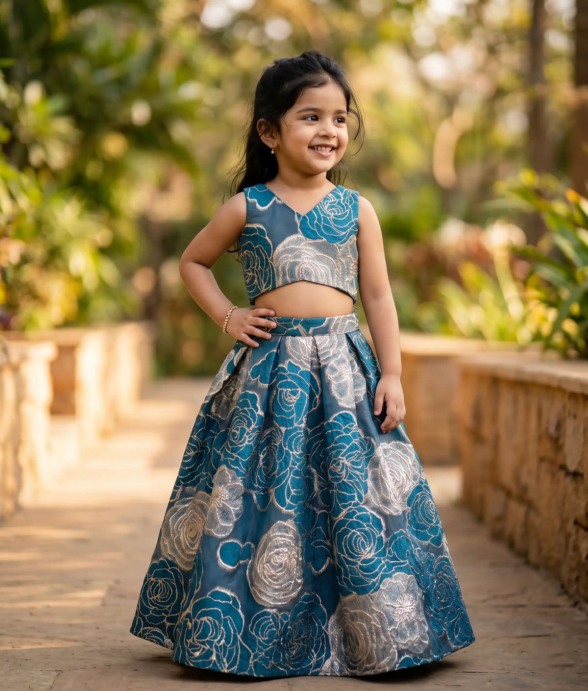 Teal Blue Floral Turkish Organza Skirt and Top for Baby Girl [6565]