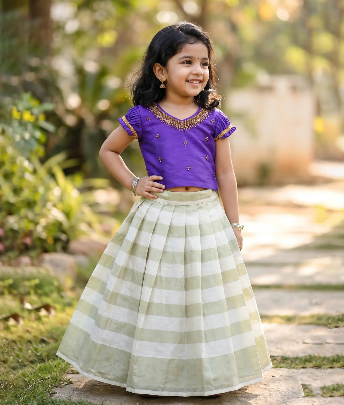 Purple Semi Silk Handworked Top with Golden Kasavu Skirt for Baby Girl [6763]